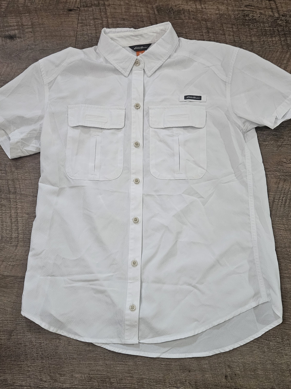 Eddie Bauer Womens Woven Polyester Short Sleeve Collared Button-Up White S